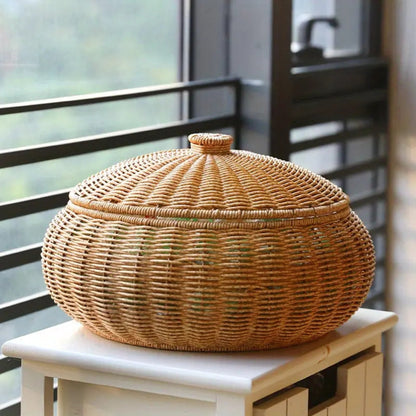 Dome-Shaped Knitted Rattan Basket with Lid