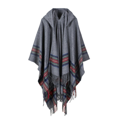 Acrylic Hooded Striped Poncho Shawl
